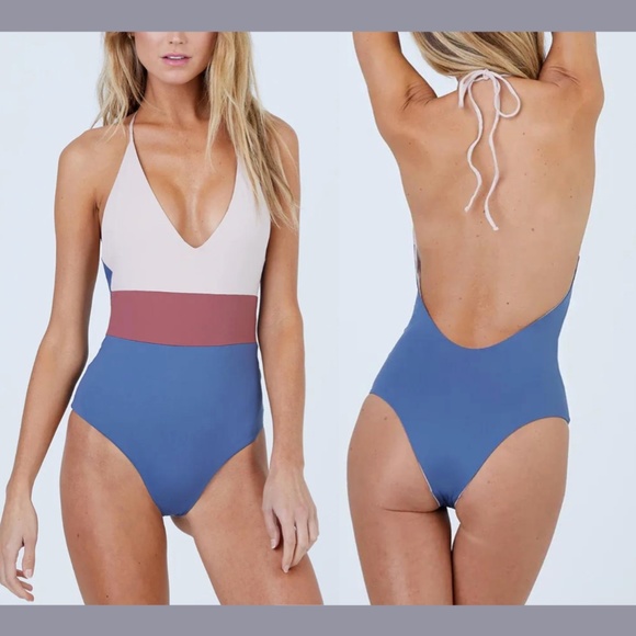 NWT Tavik [ Small ] Chase Plunge‎ Colorblock One Piece Swimsuit Muted Indigo - Picture 4 of 12